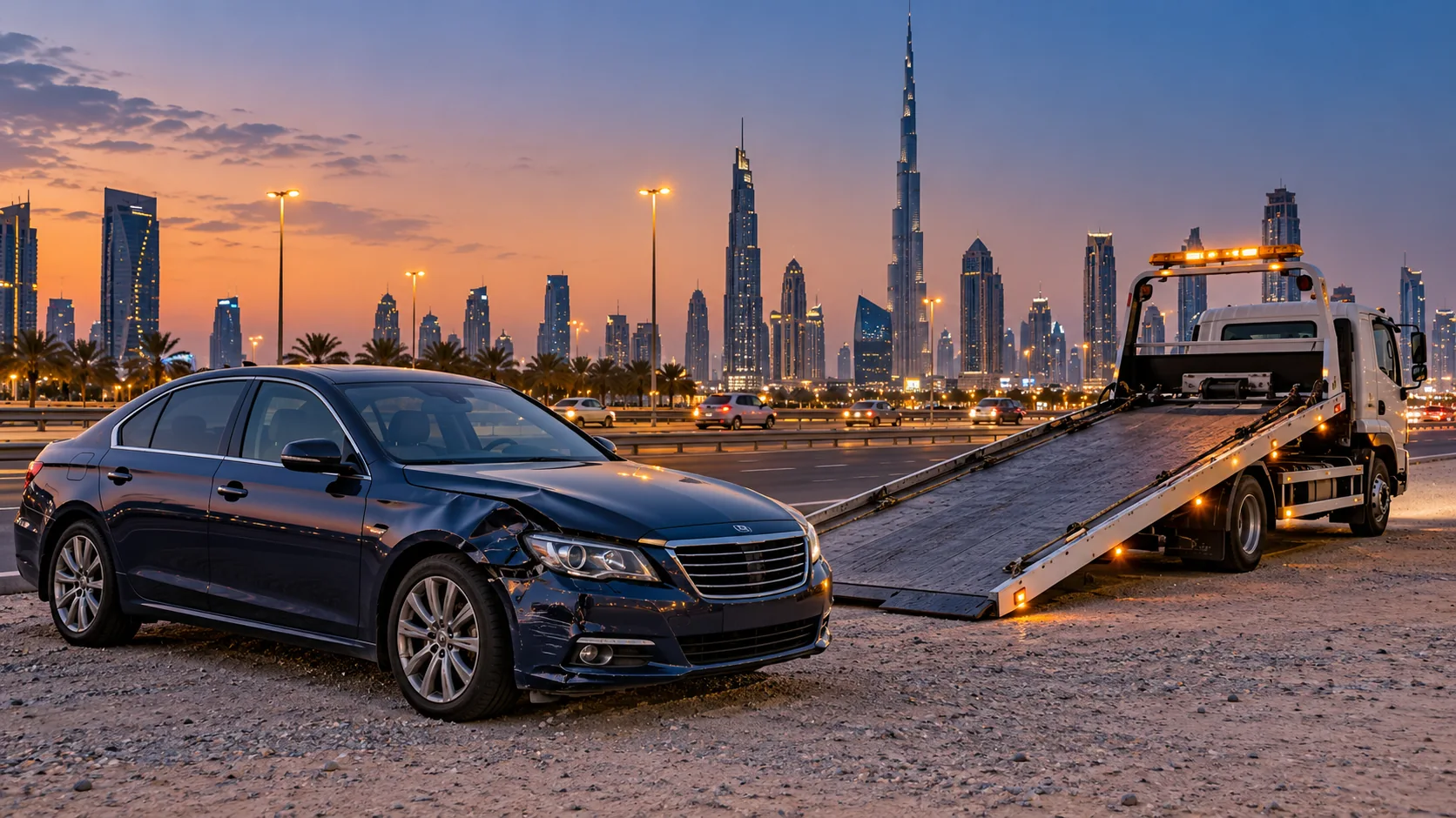 Illustration of a damaged car being prepared for recovery in Dubai