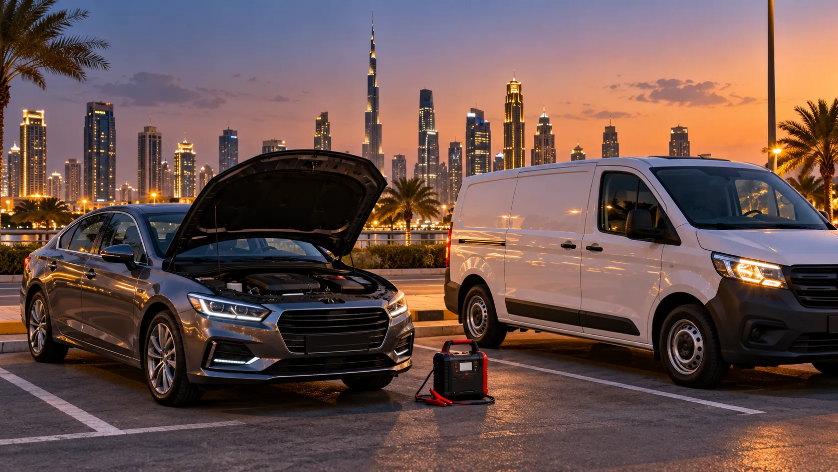 Illustration of a vehicle receiving battery assistance in Dubai