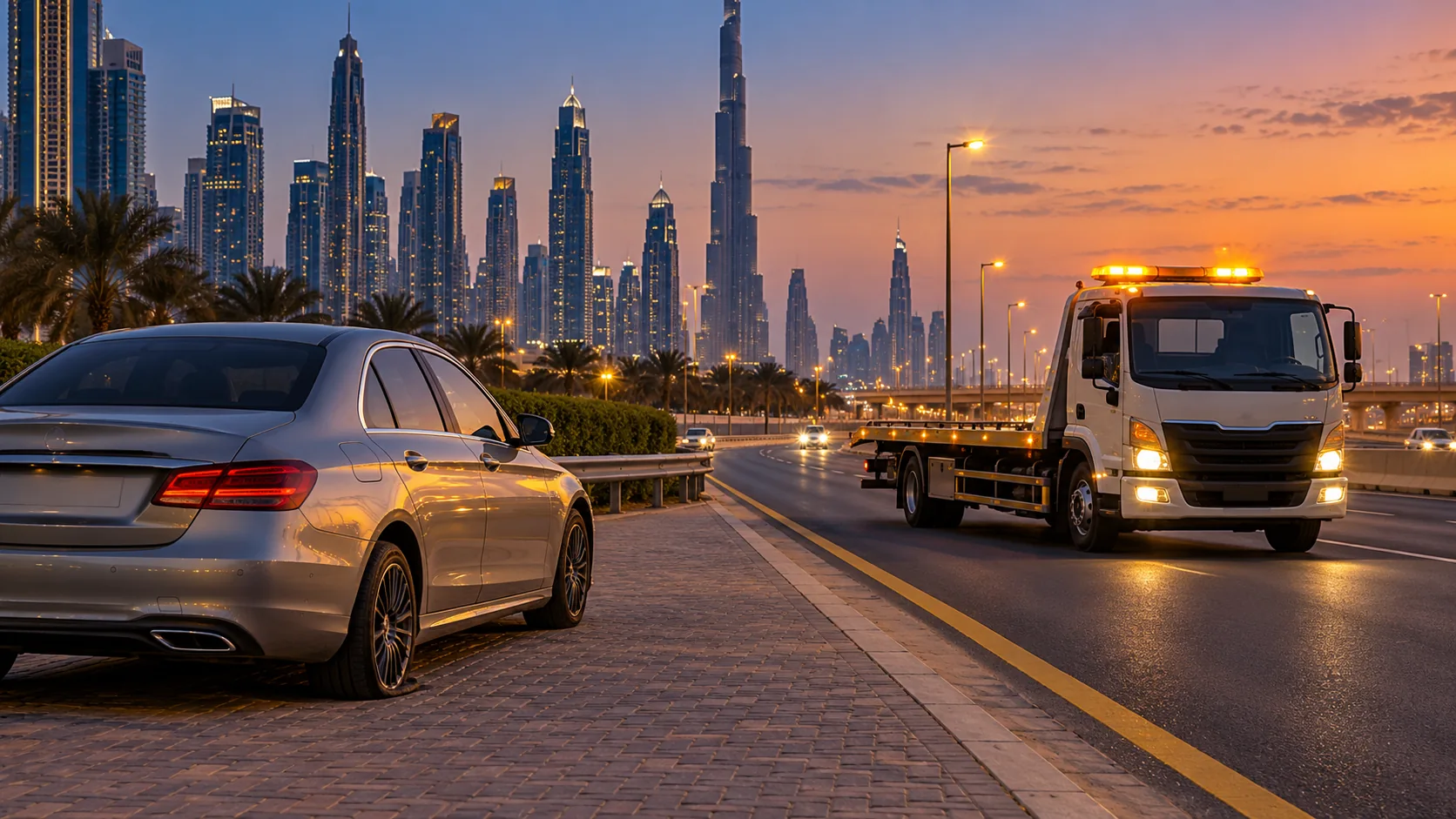 Illustration of a recovery truck assisting a stopped car in Dubai