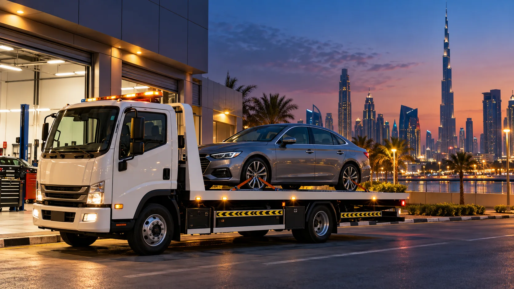 Illustration of a car being carried by a recovery truck in Dubai