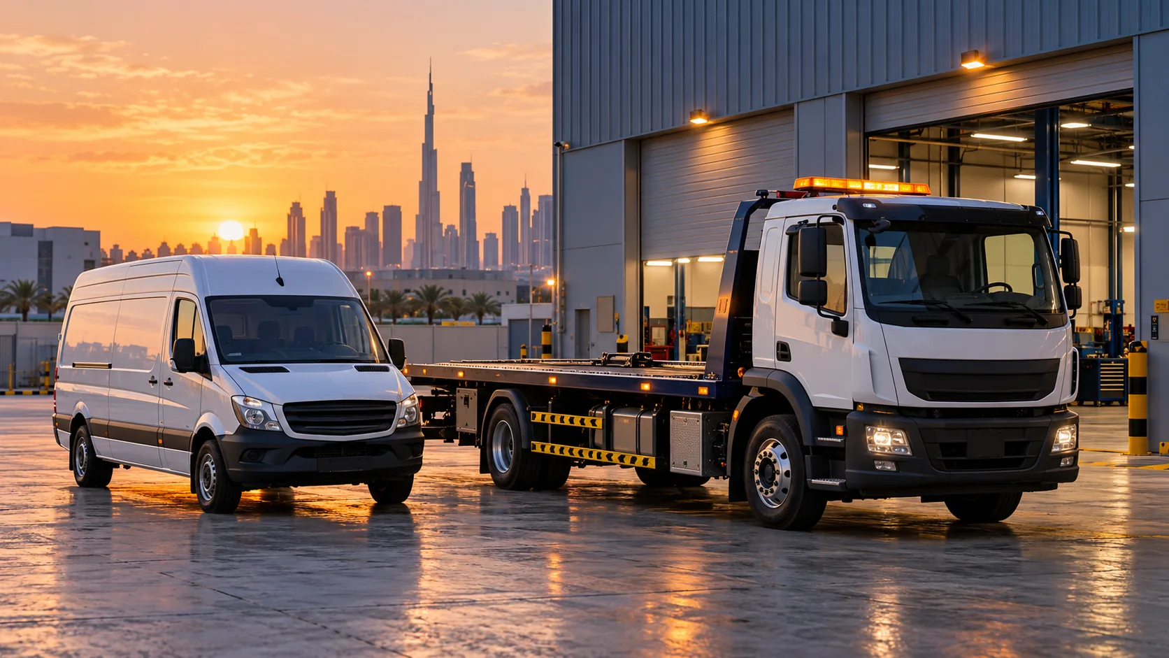 Illustration of a commercial vehicle and recovery truck in Dubai