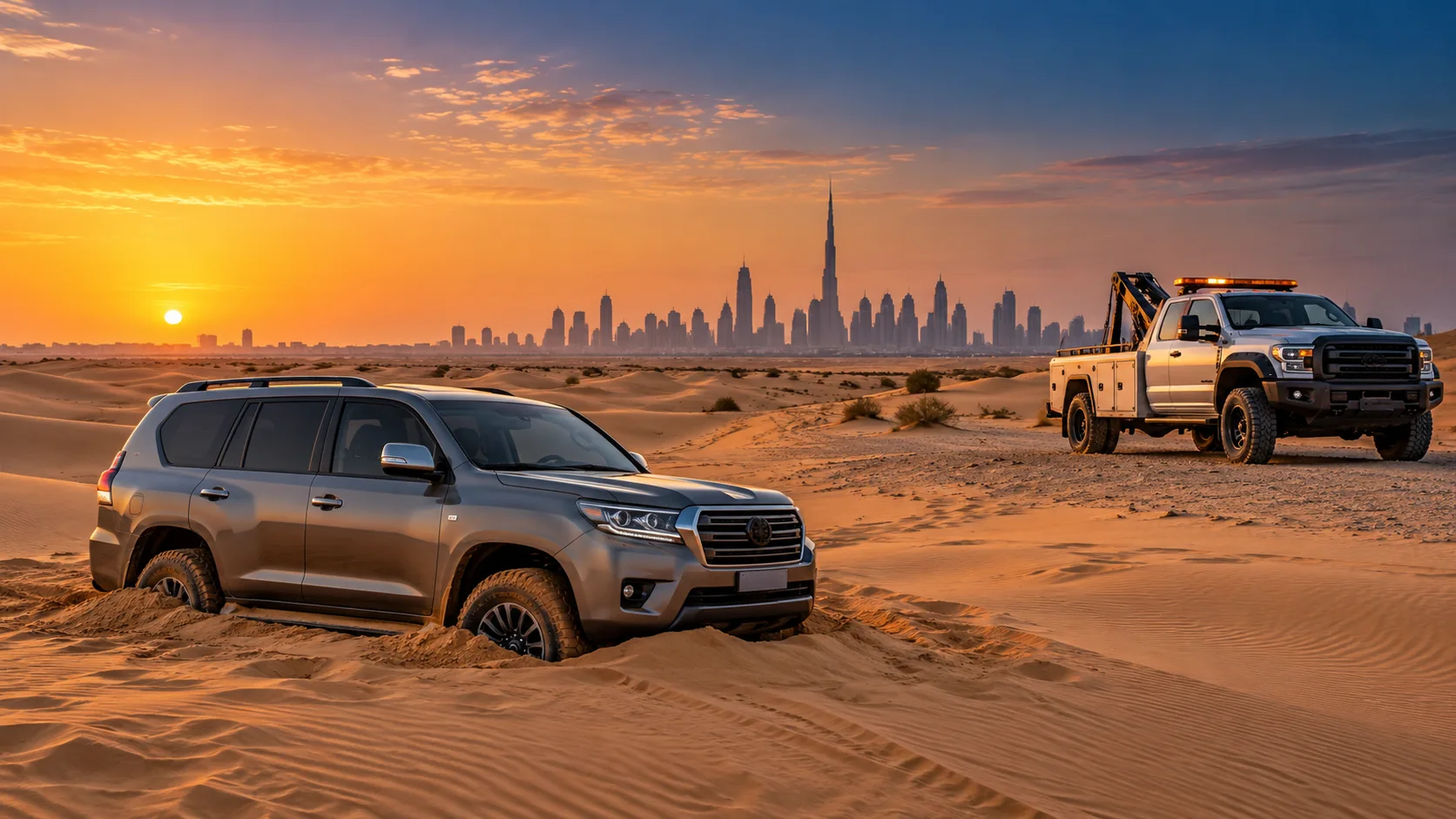 Illustration of a vehicle awaiting recovery near Dubai desert dunes