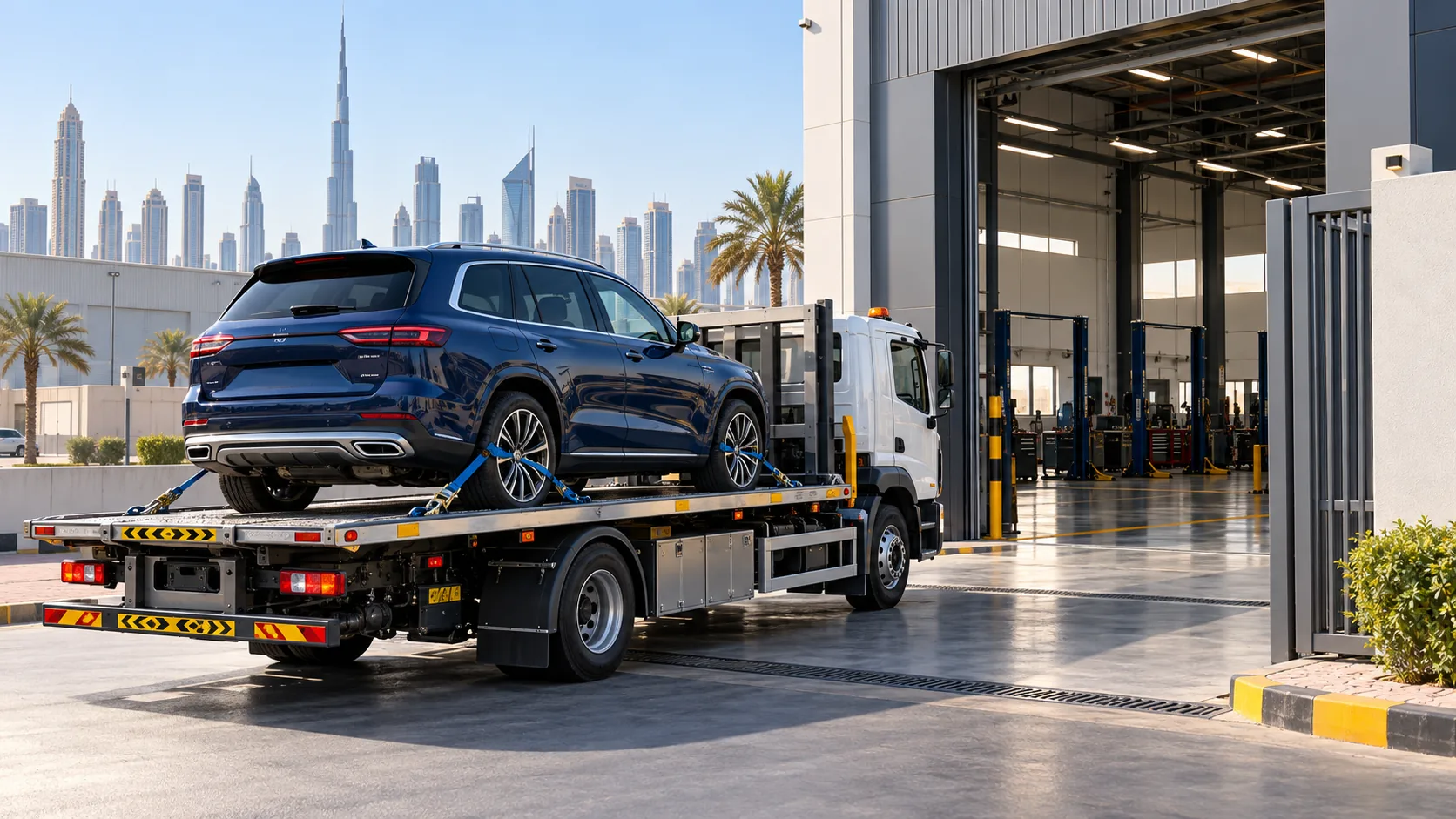 Illustrative car on a recovery truck outside a workshop