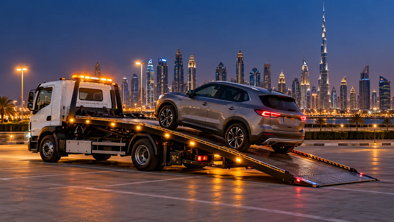 Illustration of a car on a flatbed recovery truck in Dubai