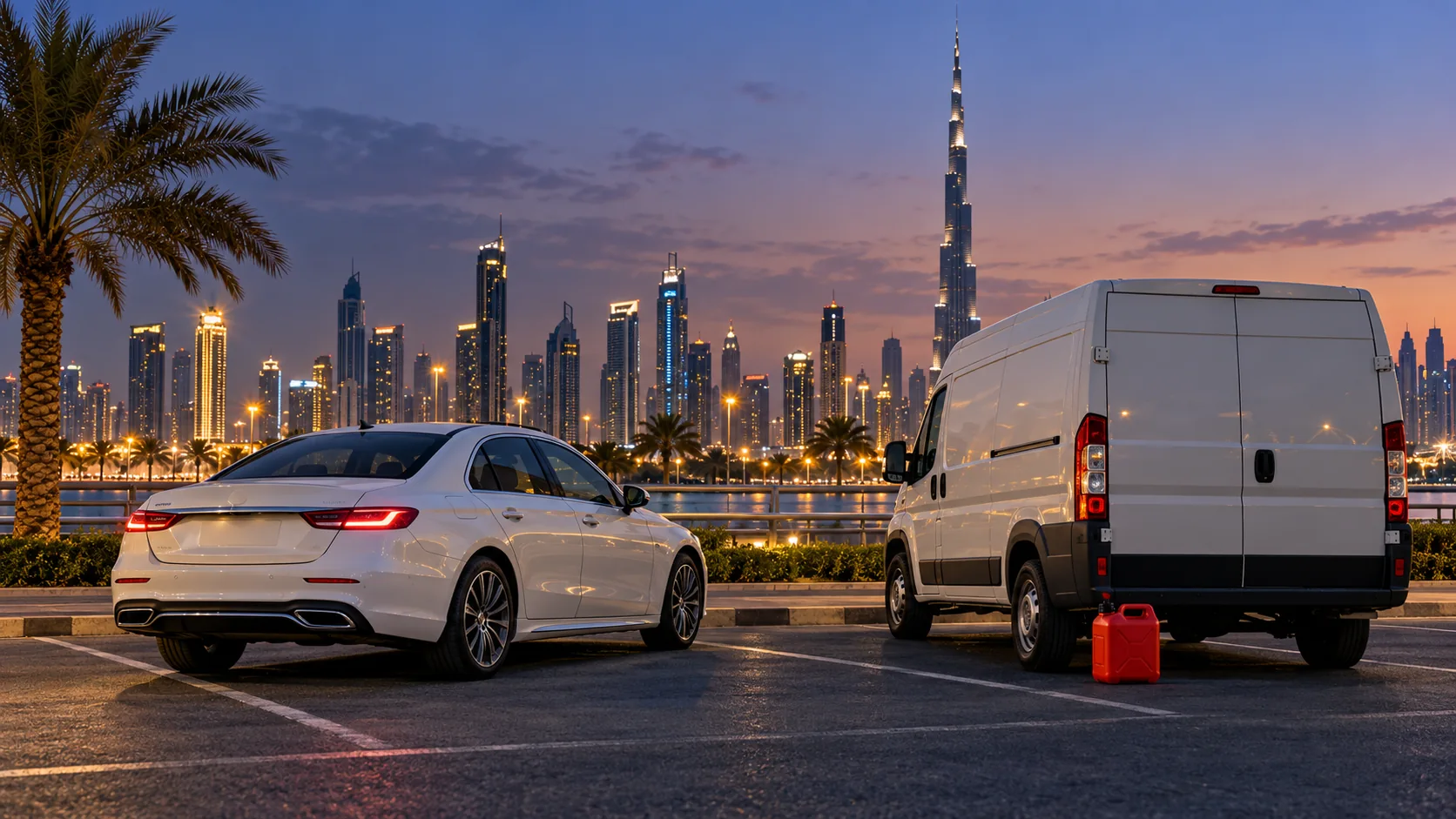 Illustration of a car receiving emergency fuel assistance in Dubai