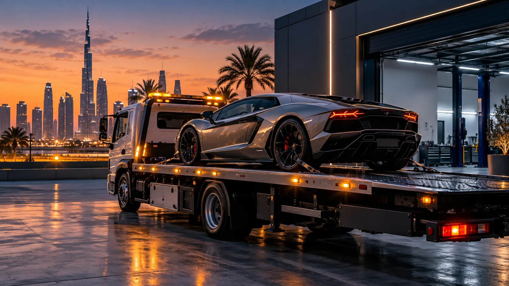 Illustration of a sports car on a flatbed in Dubai