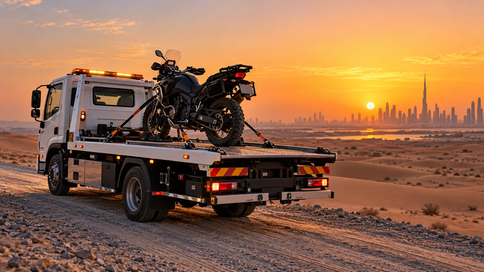 Illustration of an adventure motorcycle secured on a recovery truck near Dubai desert dunes