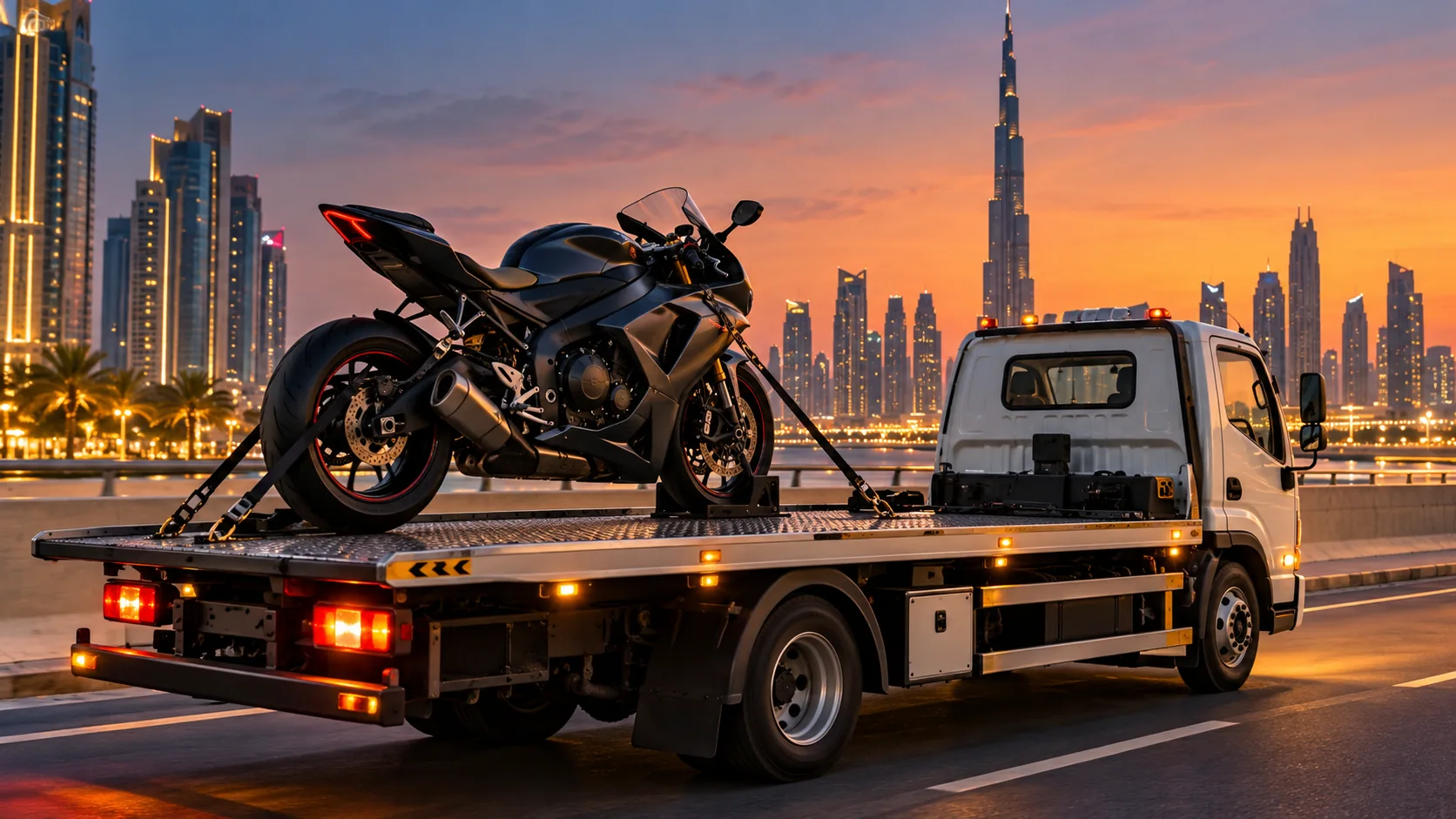 Illustration of a motorcycle secured for transport on a recovery vehicle in Dubai