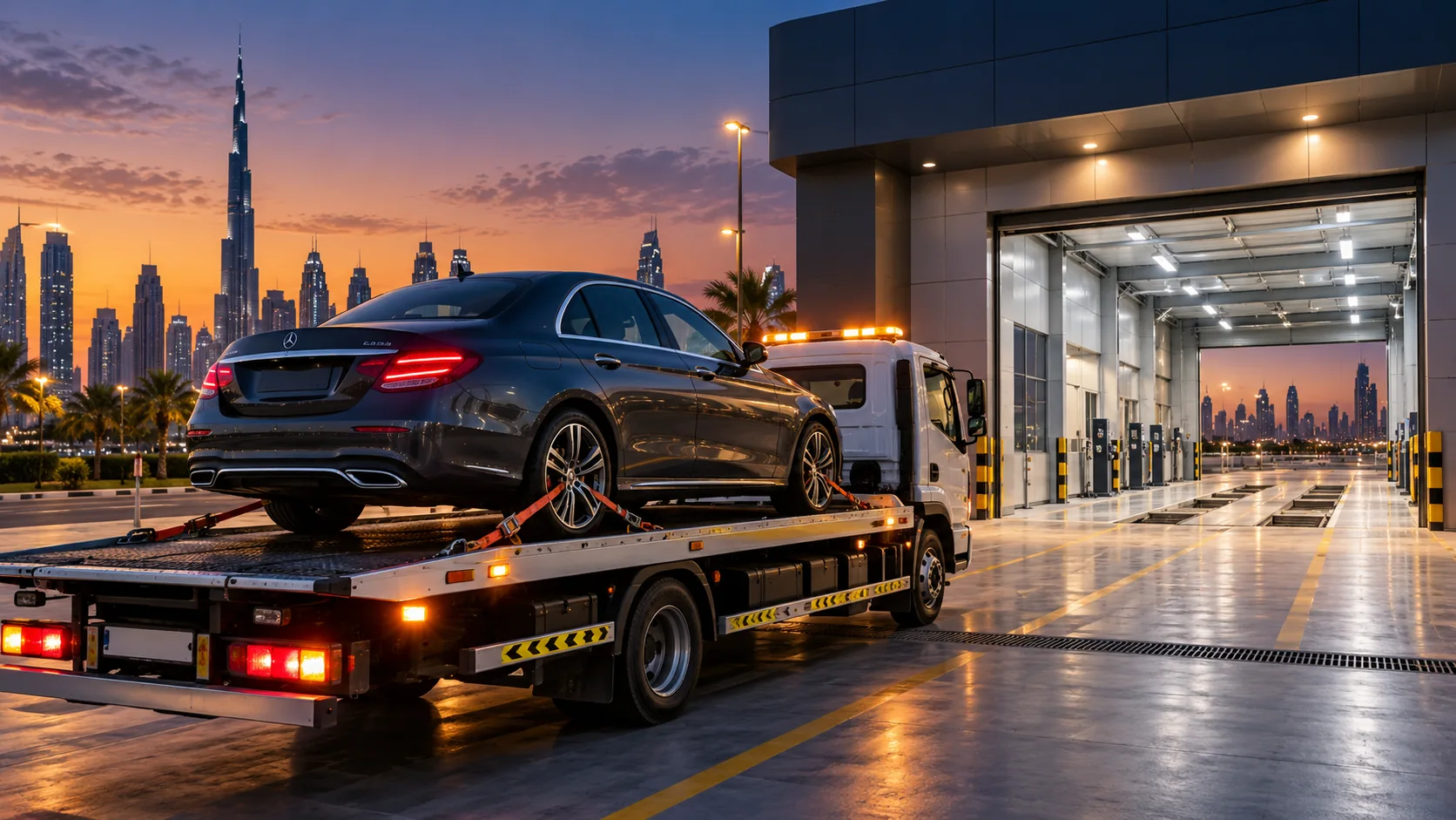 Illustration of a car carried for an inspection-related transport appointment in Dubai