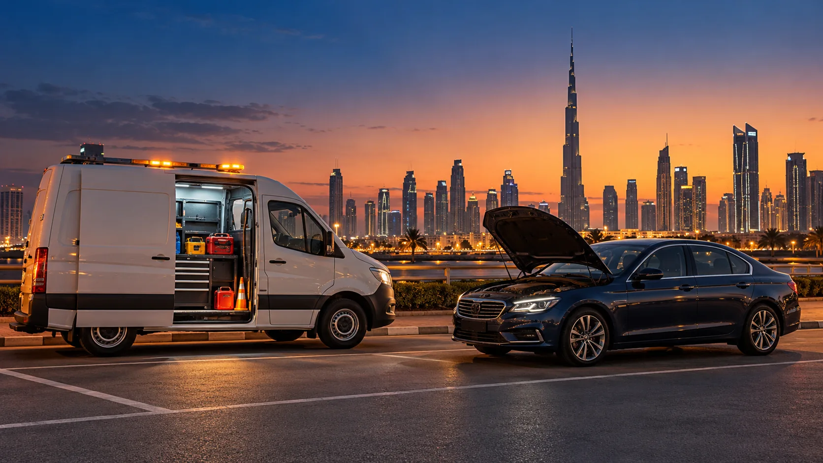 Illustration of roadside assistance being discussed beside a stopped car in Dubai