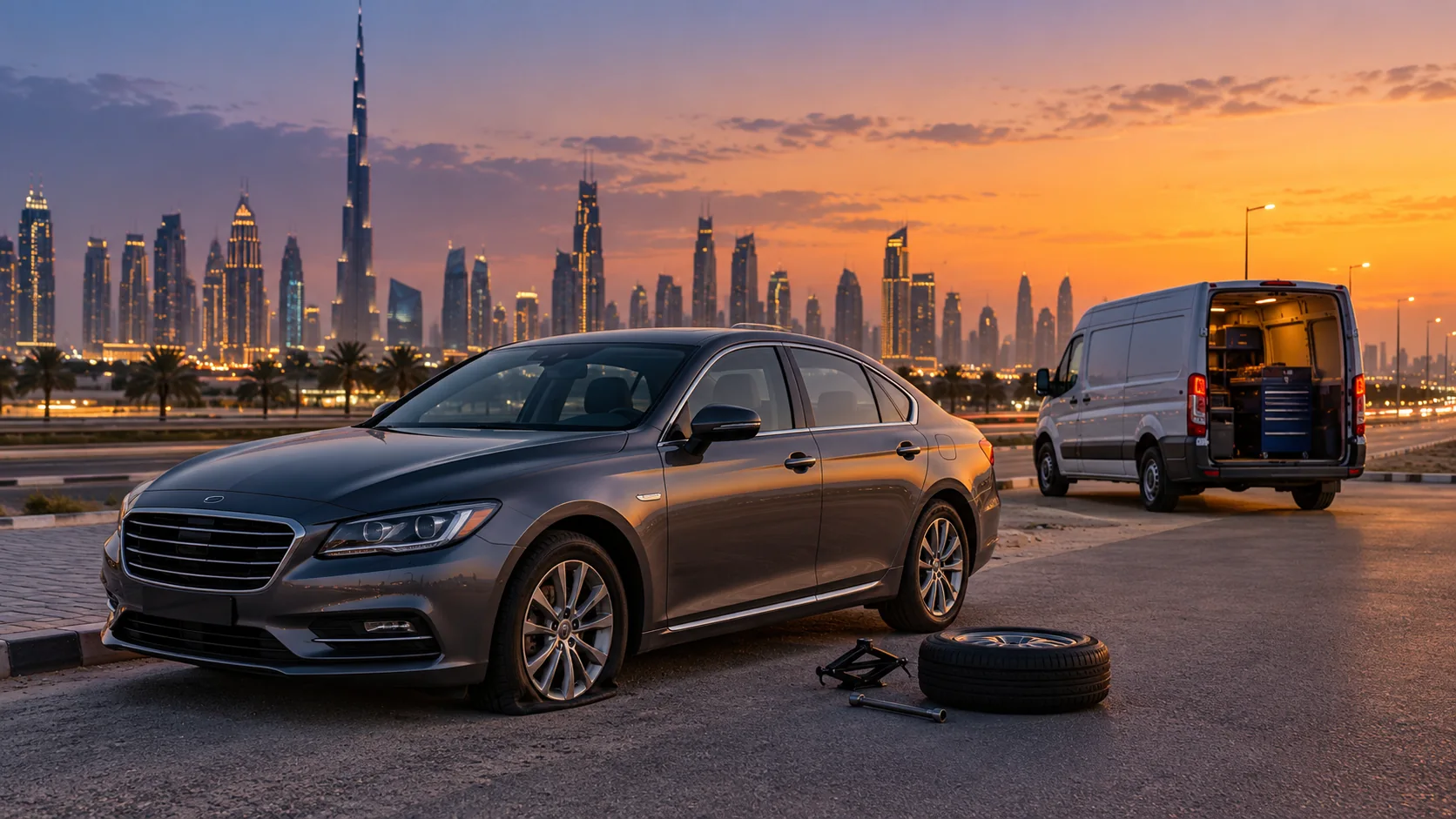 Illustration of roadside tyre assistance for a car in Dubai