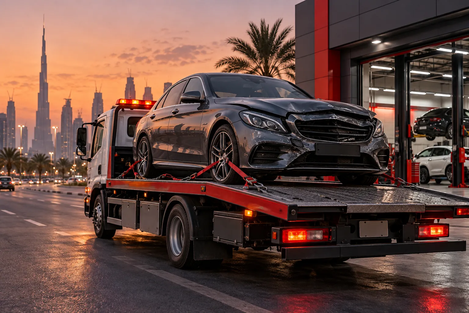 Illustrative vehicle secured on a flatbed near a Dubai workshop after a collision