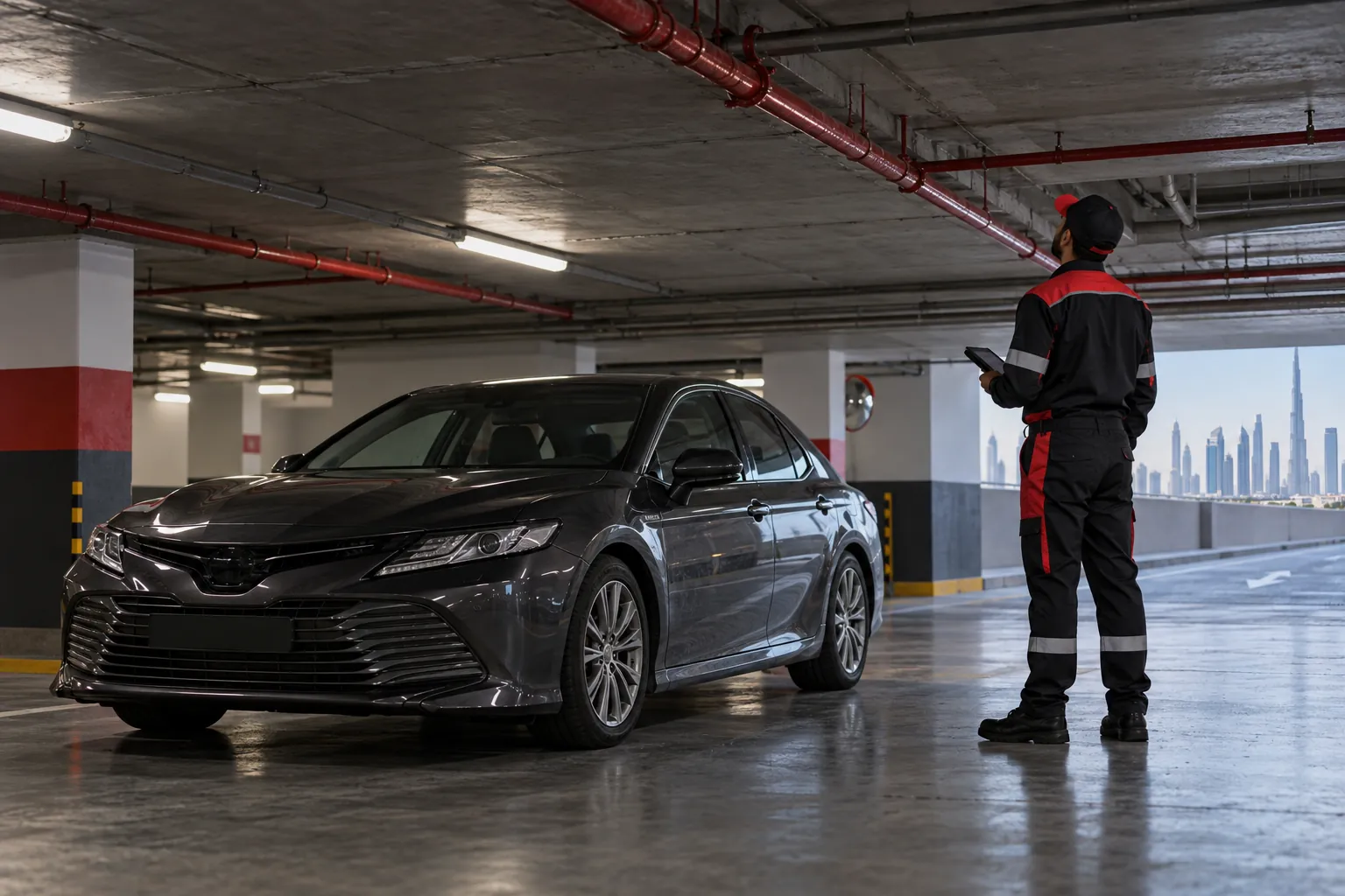 Illustrative recovery worker assessing access in a basement car park