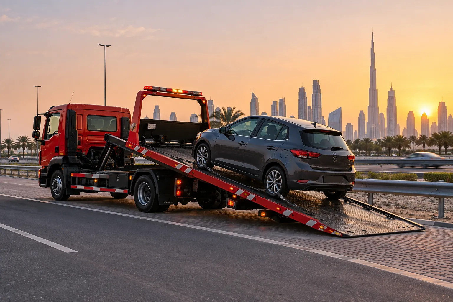 Illustrative flatbed loading a disabled car in a safe Dubai pickup bay