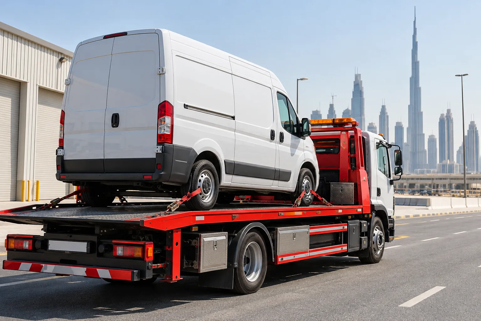 Illustrative commercial van loaded on a flatbed in Dubai