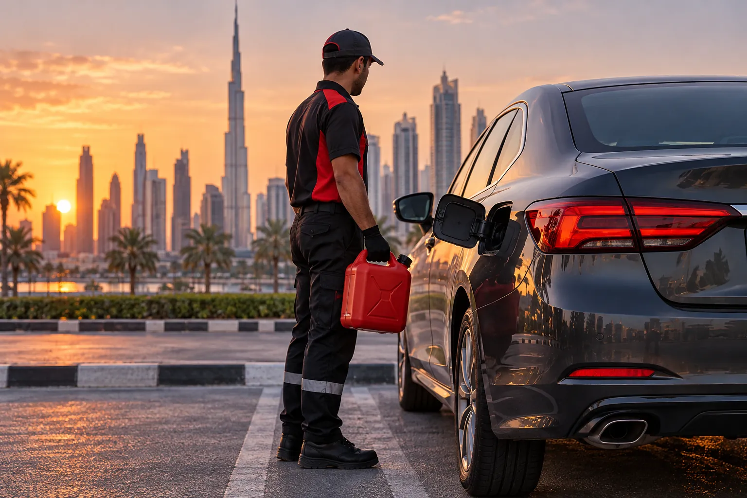Illustrative fuel assistance enquiry beside a parked car in Dubai