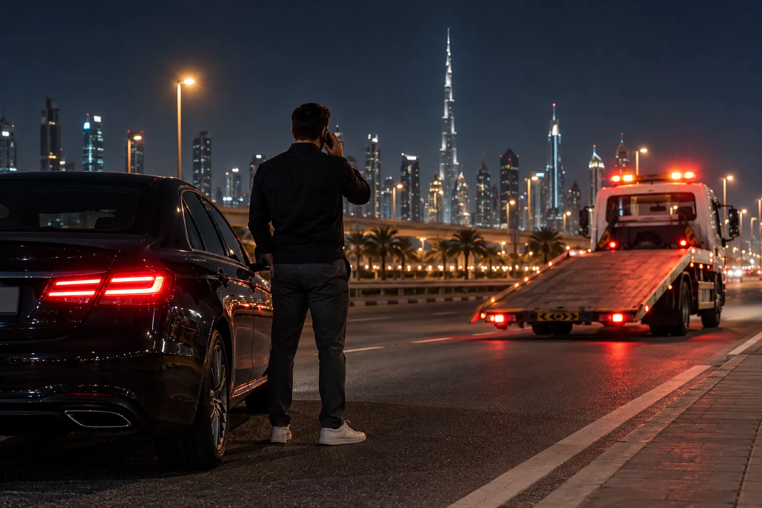 Illustrative night-time towing enquiry beside a safely parked car in Dubai