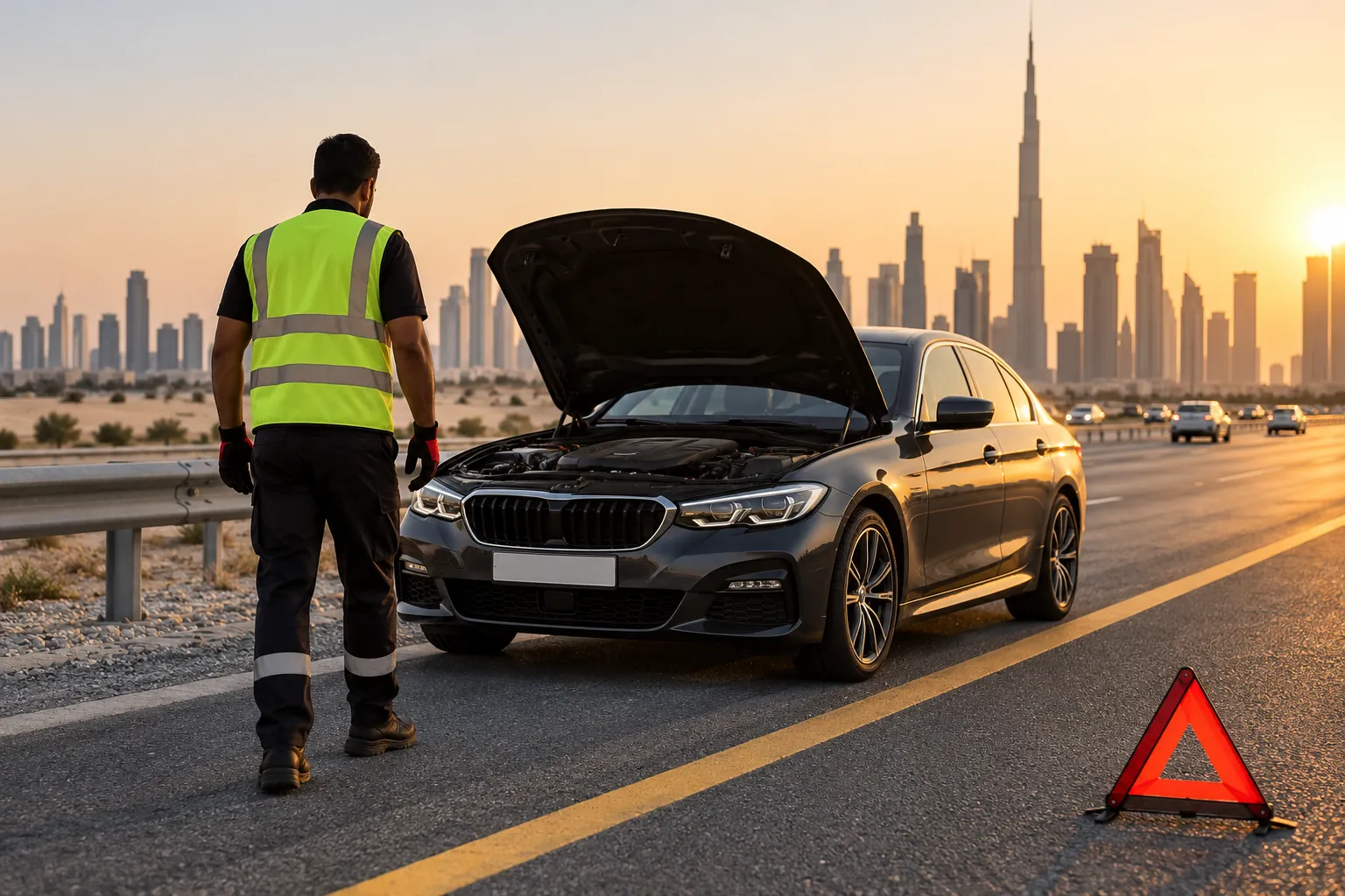 Illustrative roadside worker assessing a stopped car in Dubai