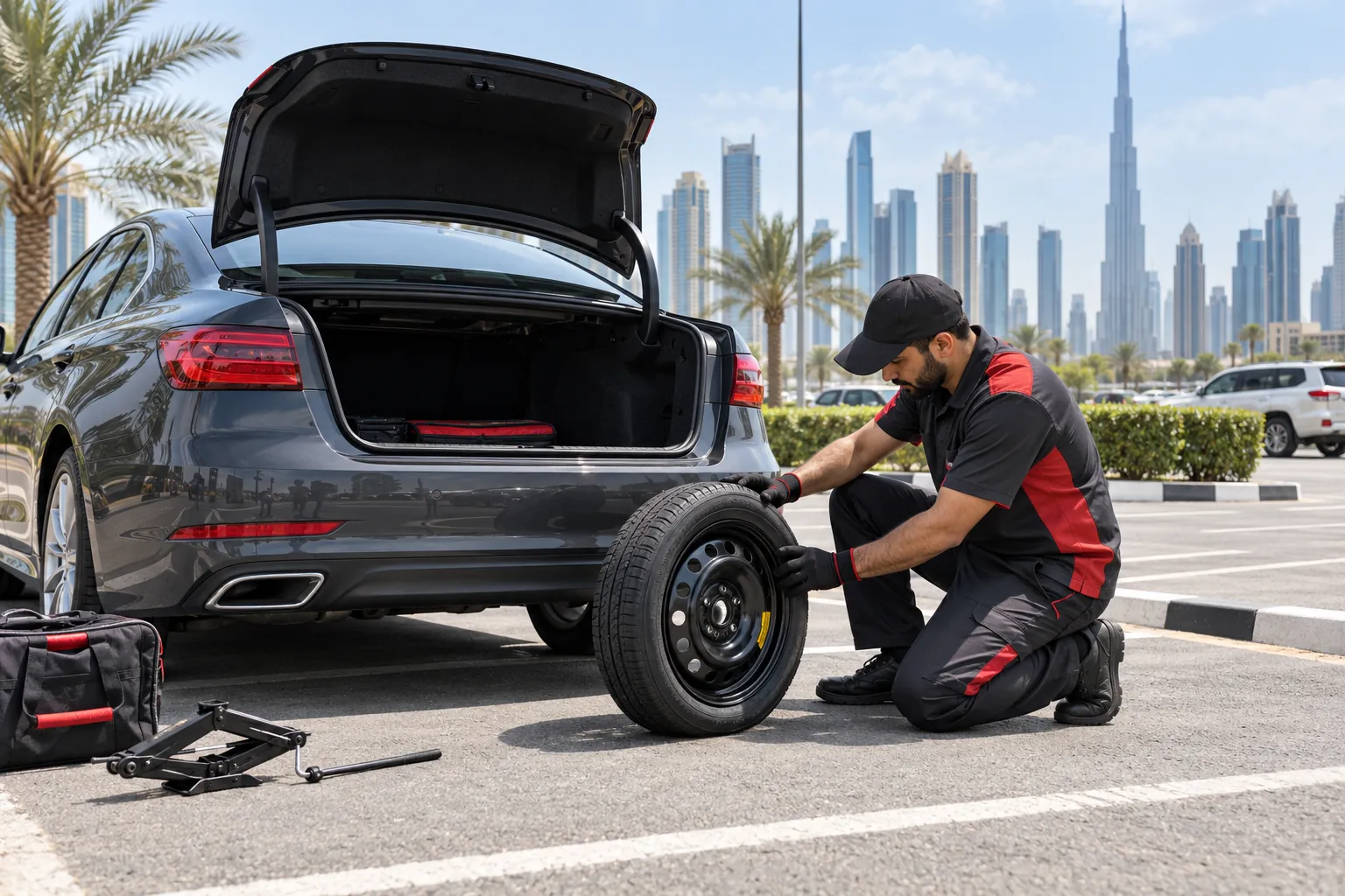 Illustrative tyre assistance in a safe Dubai parking area