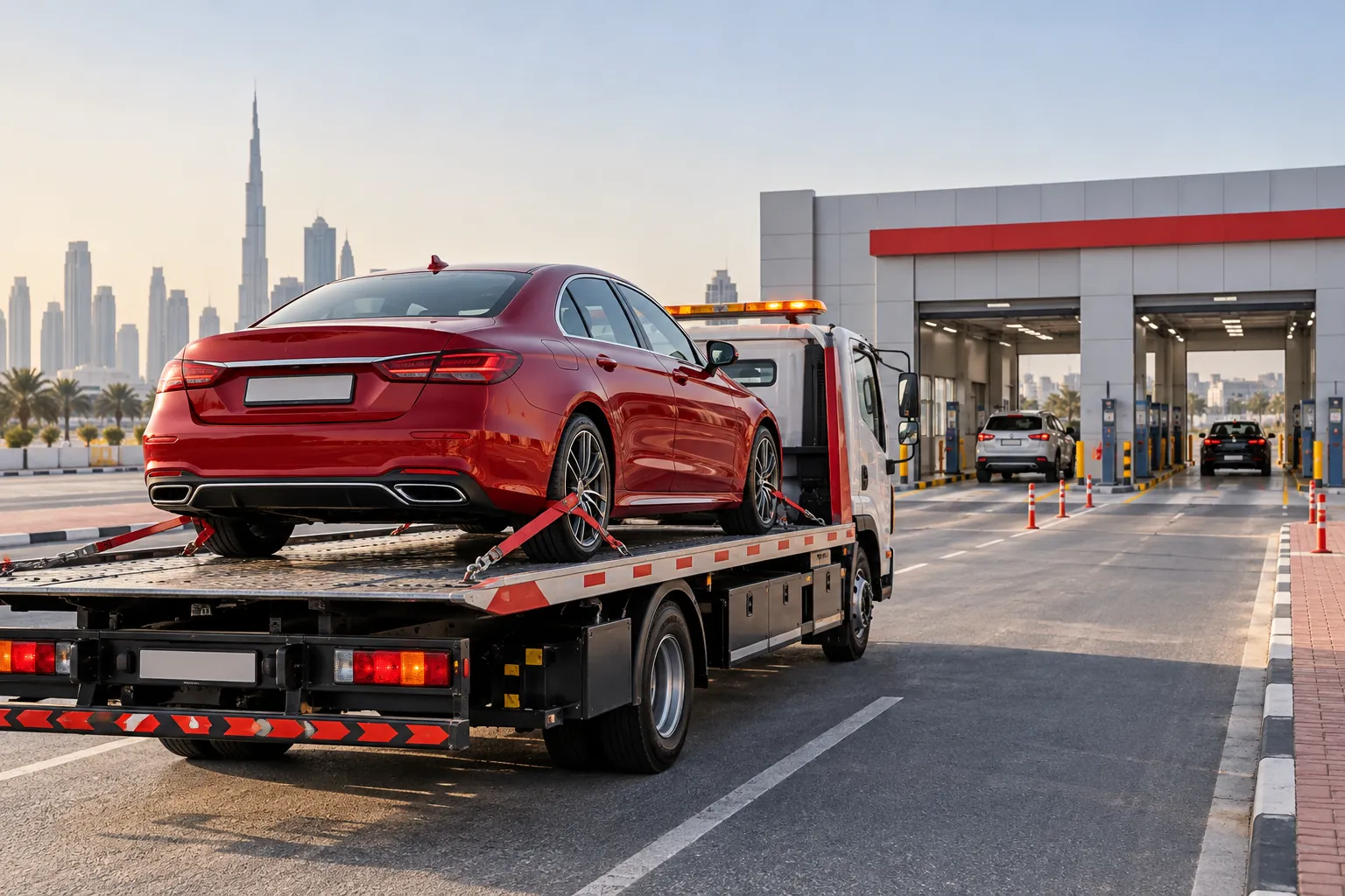 Illustrative car transport near a Dubai inspection centre