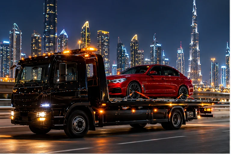 Illustrative flatbed truck transporting a red car against the Dubai skyline at night