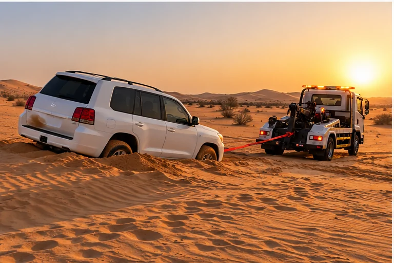 Illustrative white SUV immobilized in desert sand with a recovery vehicle nearby