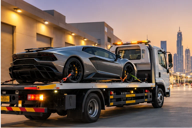 Illustrative silver sports car secured on a flatbed outside a Dubai garage district
