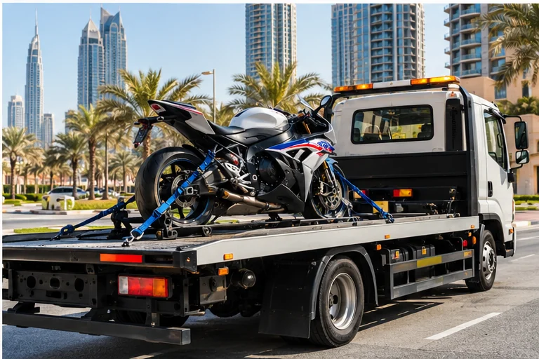 Illustrative sport motorcycle secured on a truck in a Dubai streetscape