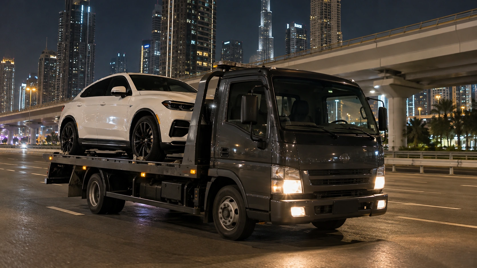 White SUV on a dark recovery truck beneath Dubai elevated roads.