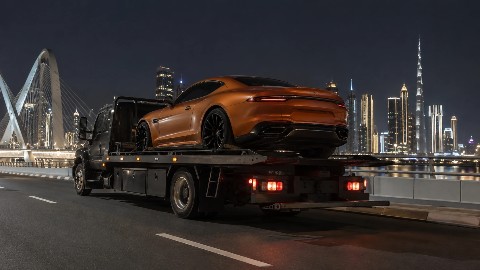 Orange coupe secured on a flatbed with a Dubai bridge and skyline behind.