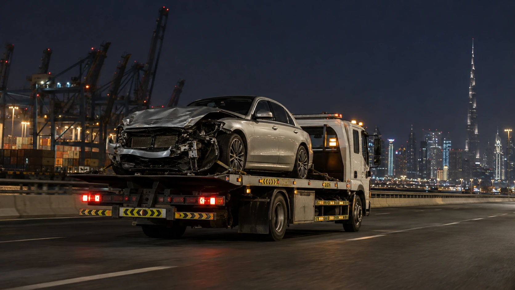Damaged silver sedan on a recovery truck near Dubai port cranes.