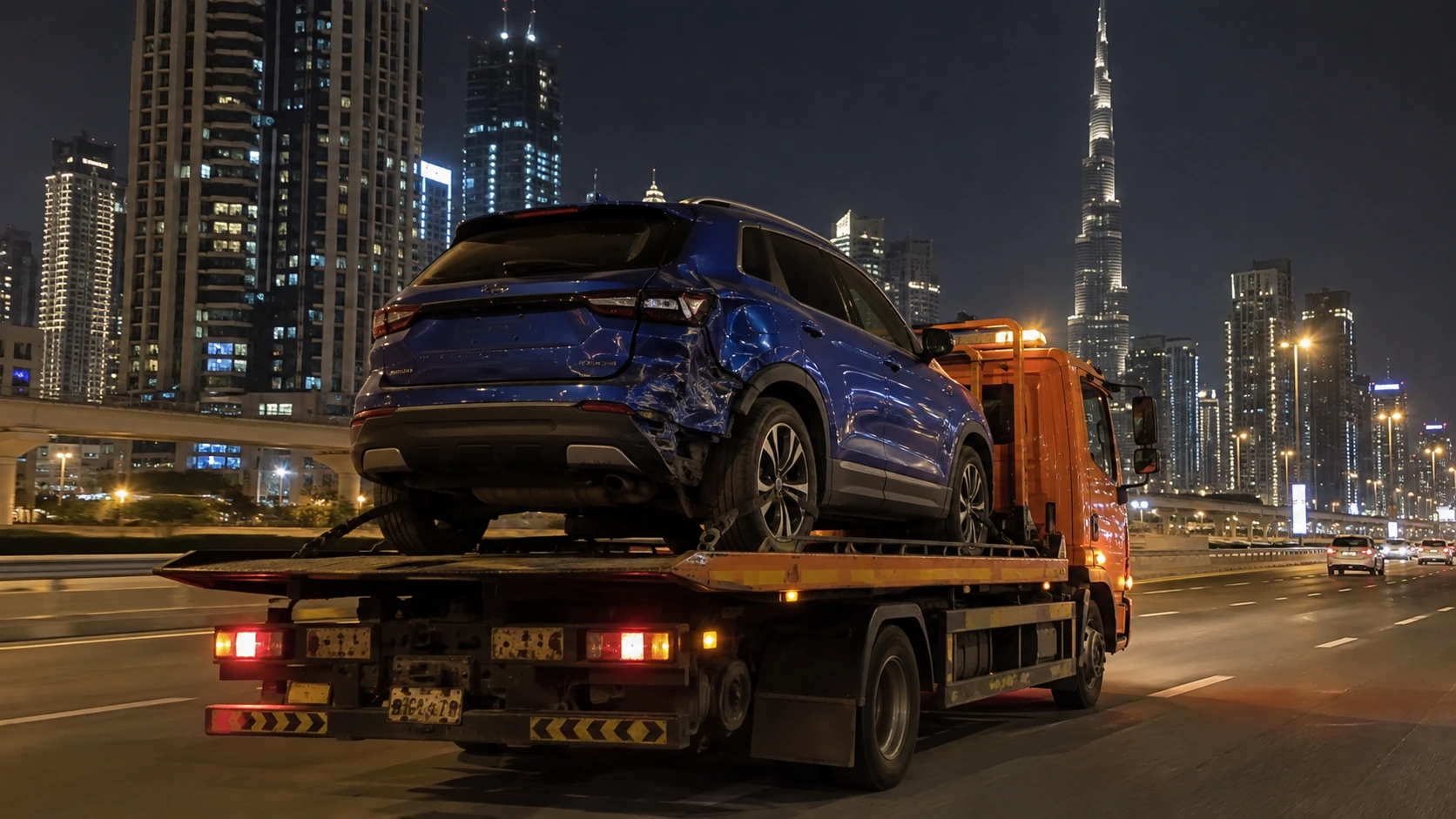 Damaged blue SUV secured on an orange flatbed in Dubai at night.