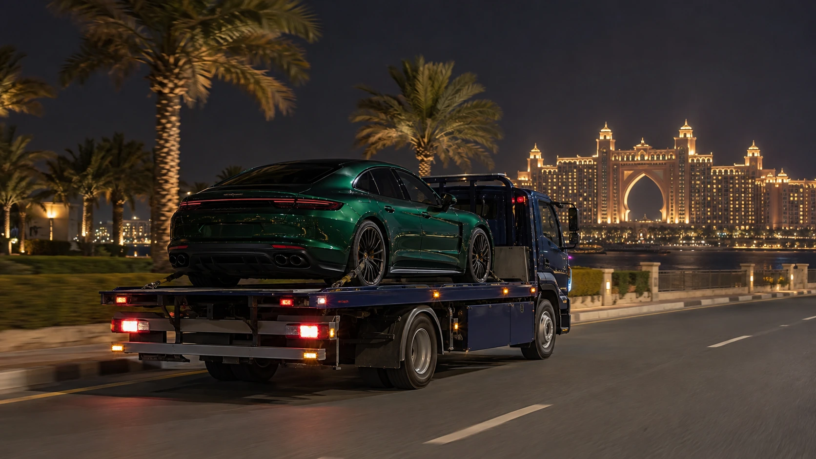Green luxury sedan on a blue recovery truck near Atlantis, Dubai.