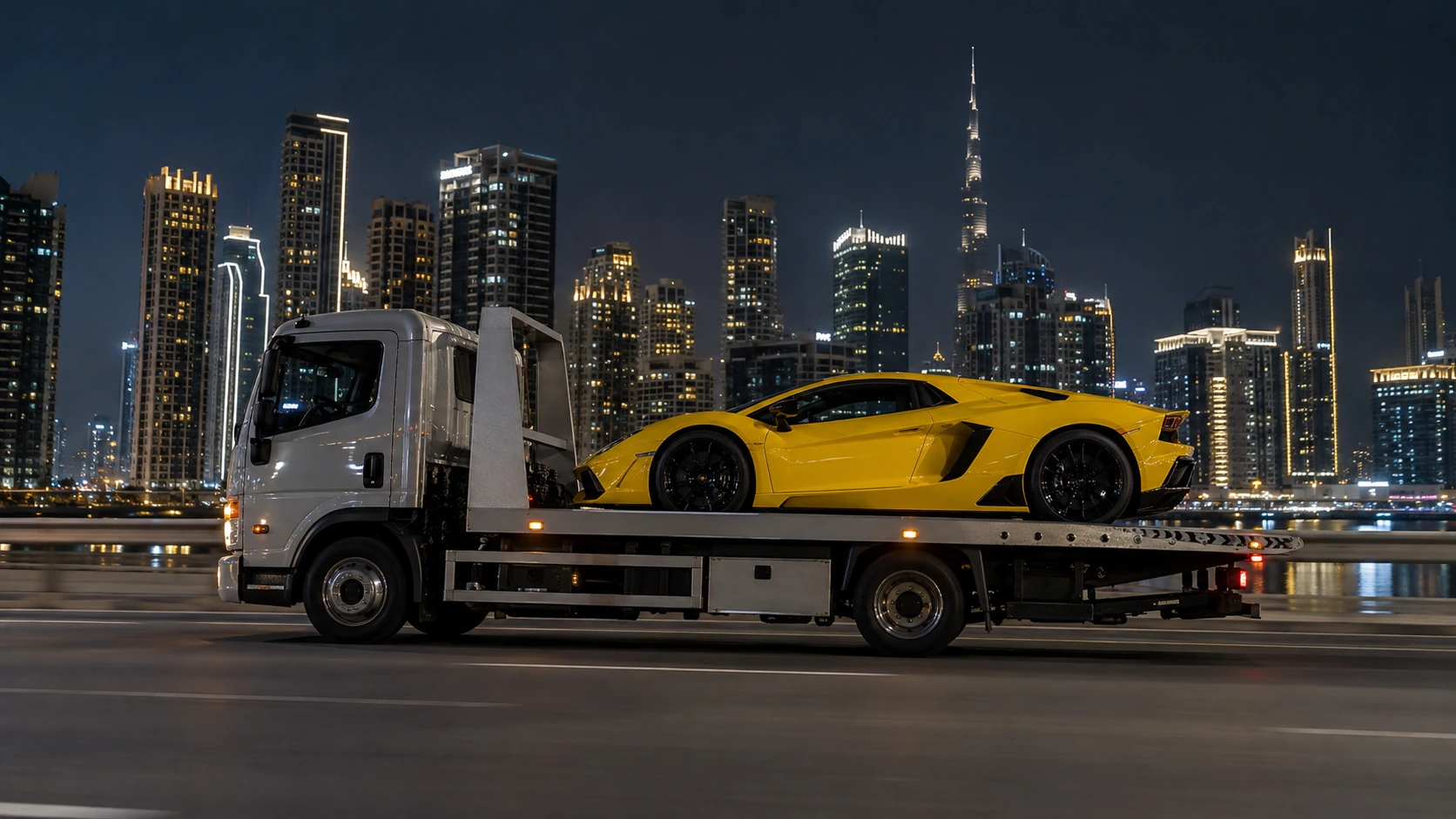 Yellow sports car carried on a white flatbed against the Dubai skyline.