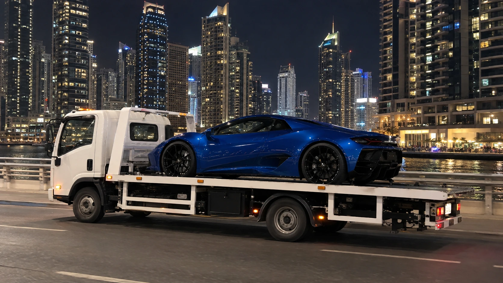 Blue sports car secured on a white flatbed at Dubai Marina.
