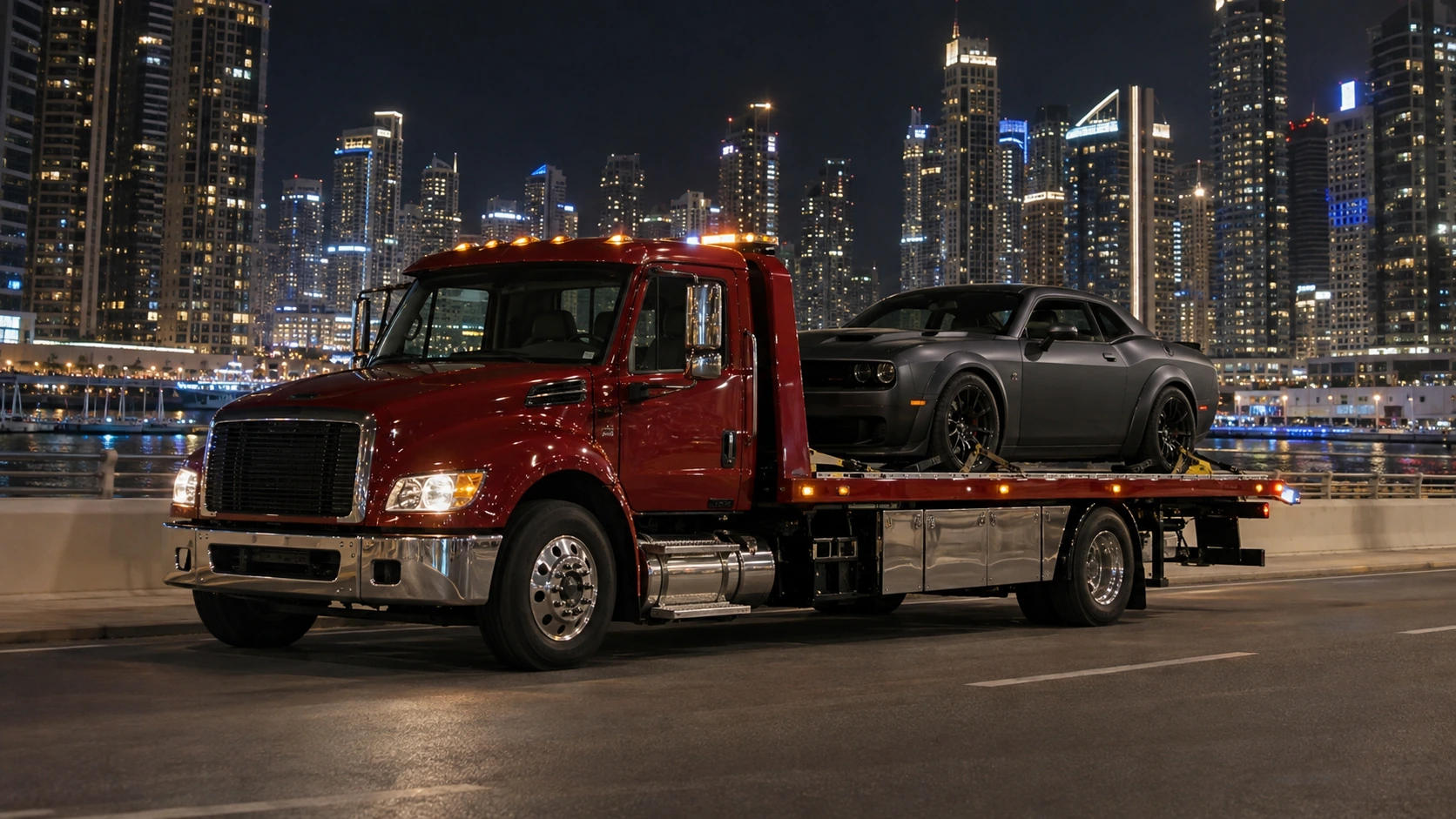 Grey muscle car on a red recovery truck beside Dubai Marina.