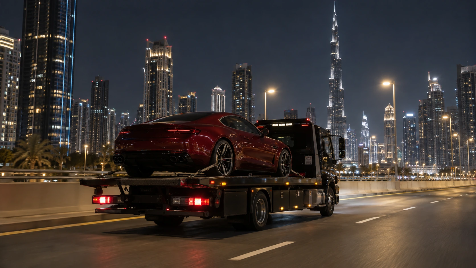 Red luxury coupe secured on a black flatbed with Burj Khalifa behind.