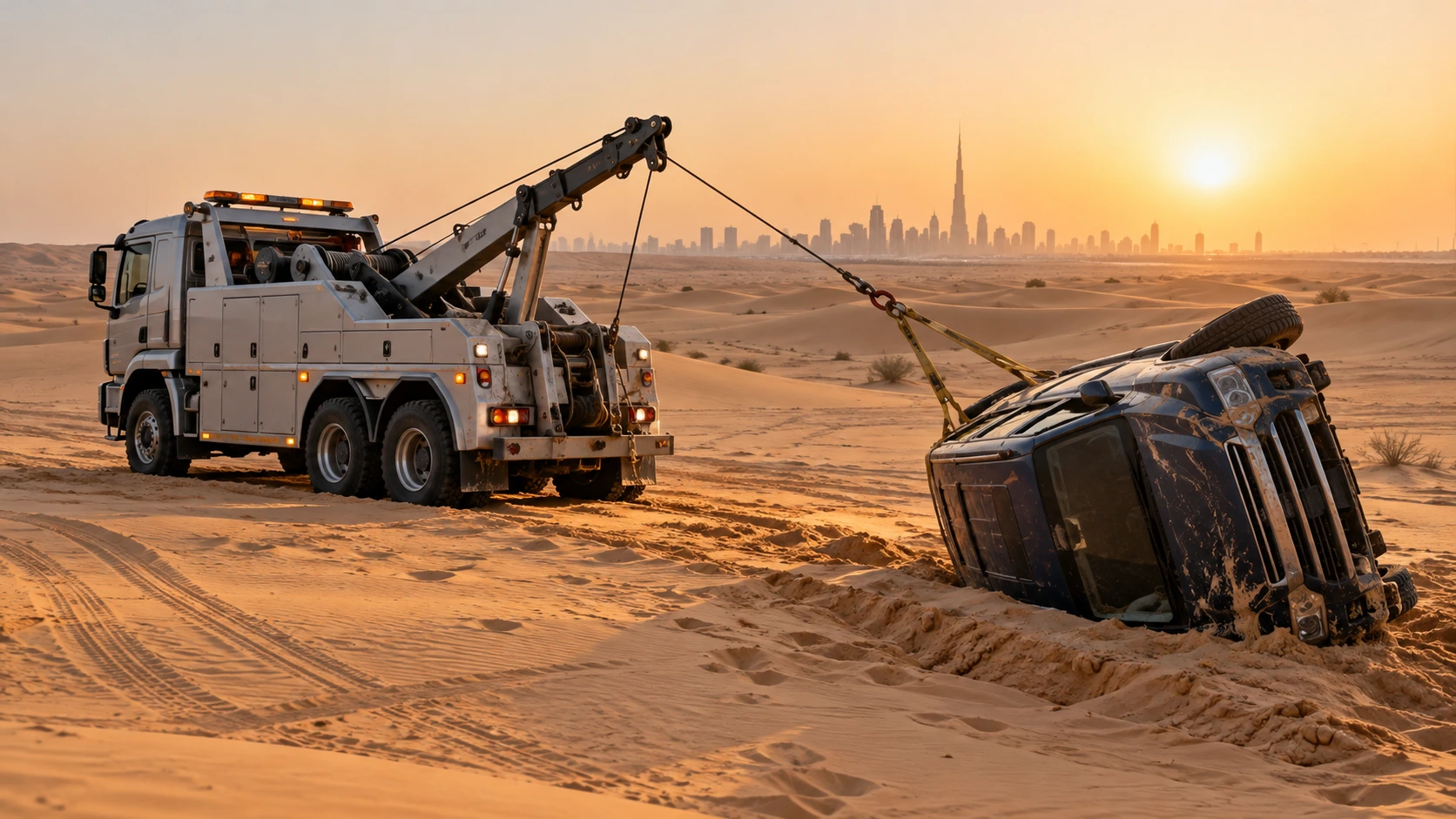 White recovery truck winching an overturned dark off-road vehicle in the Dubai desert at sunset.
