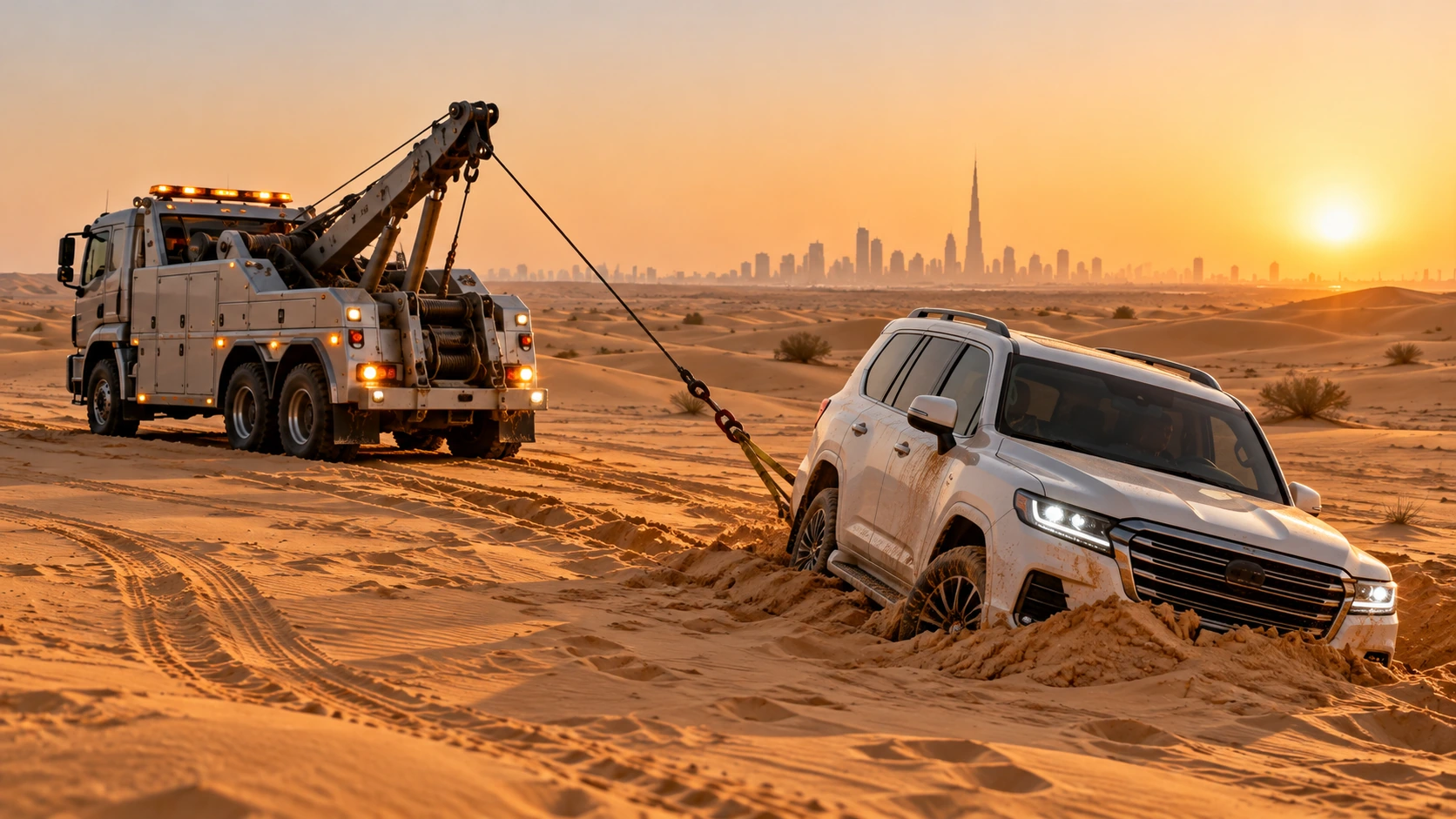 White recovery truck assisting a white SUV stuck in desert sand with Dubai skyline in the distance.