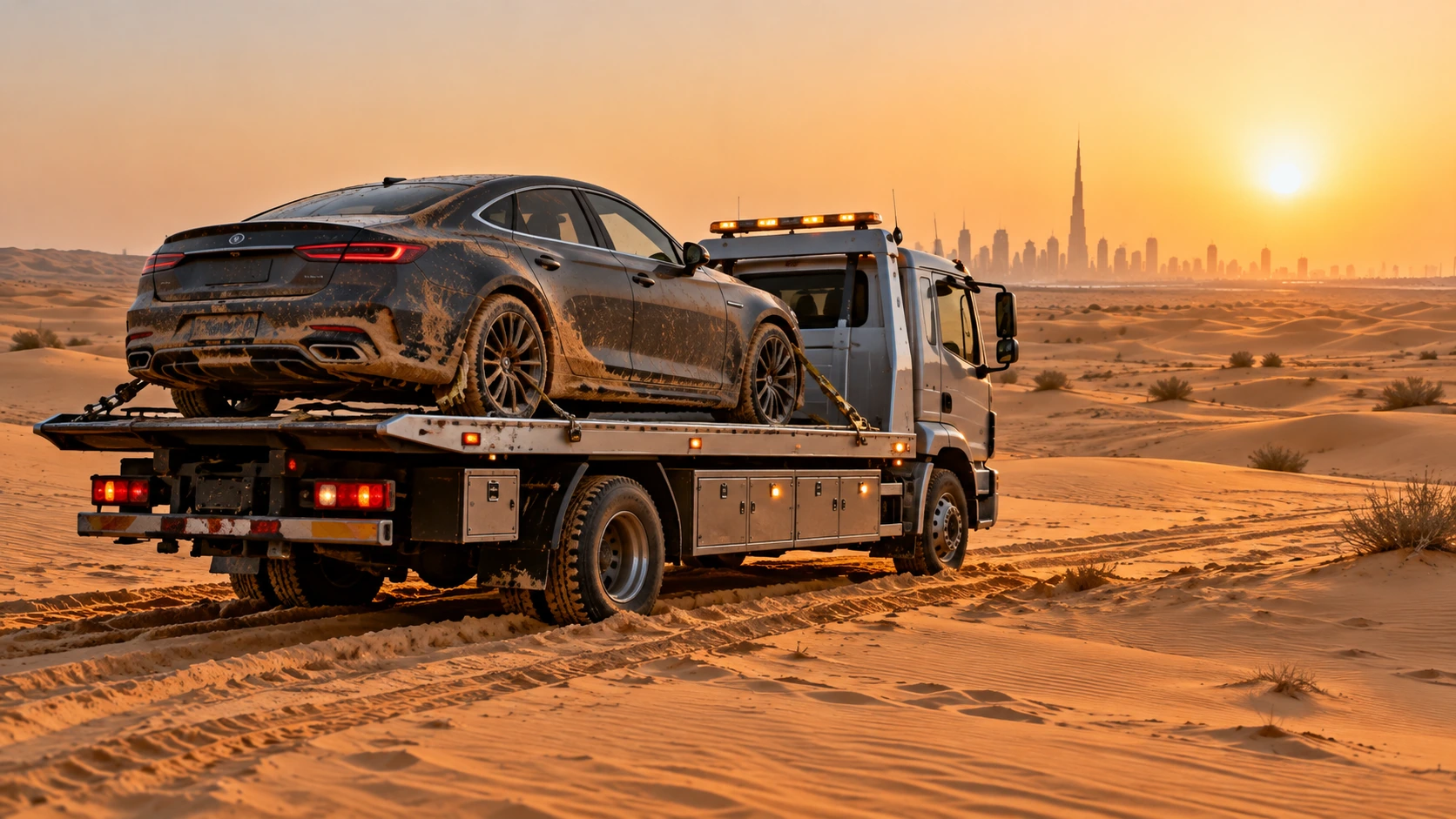 Mud-covered sedan secured on a white flatbed truck in the Dubai desert at sunset.