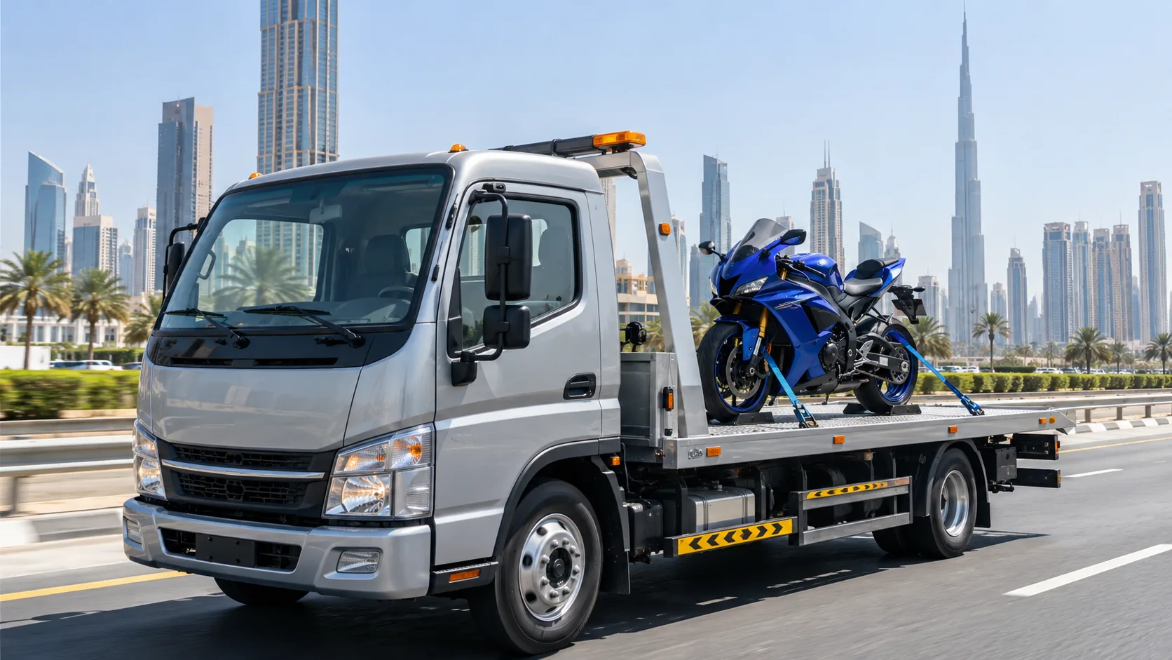 Blue sports motorcycle secured on a silver flatbed truck in Dubai.