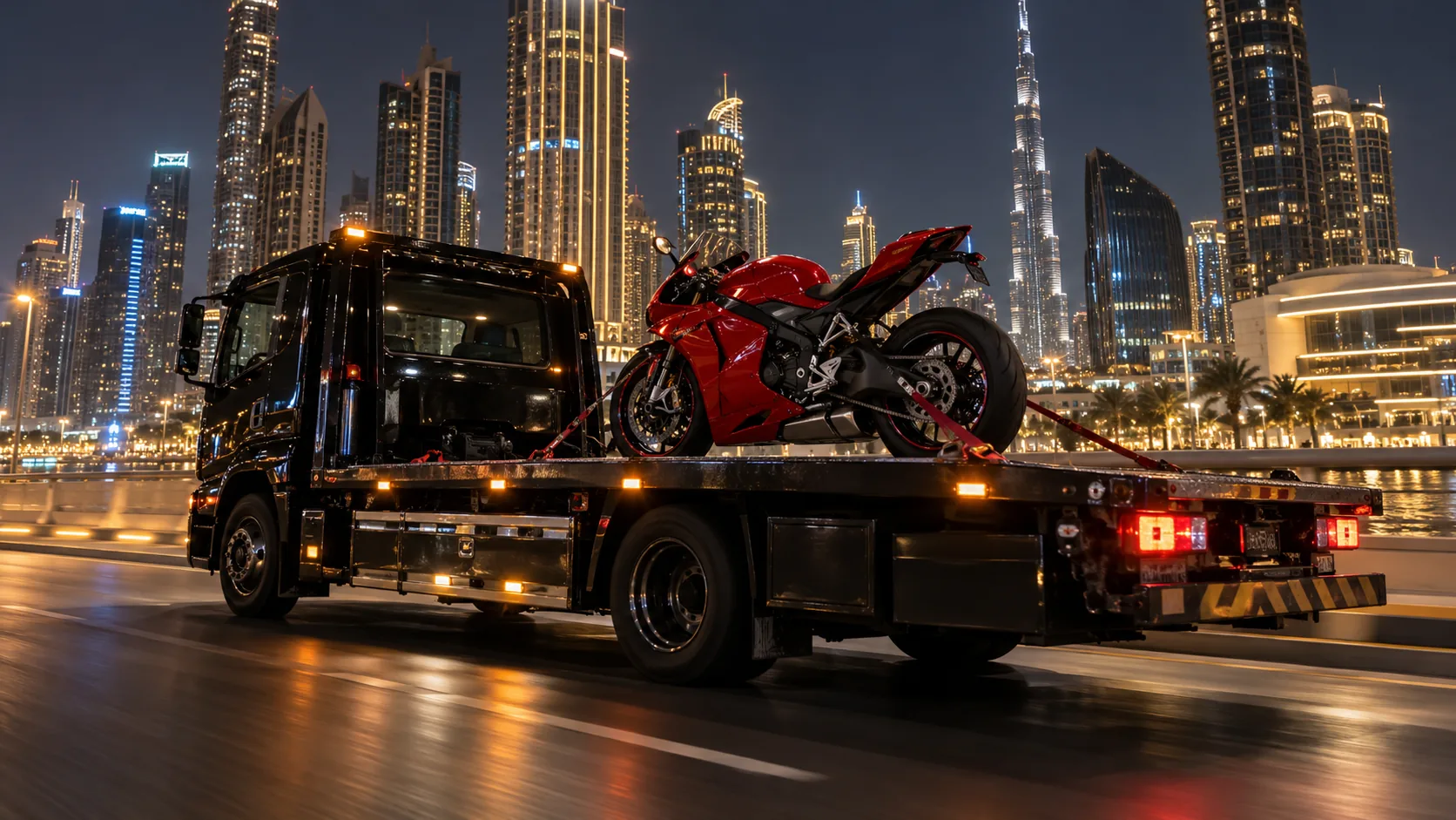 Red sports motorcycle on a black flatbed beside the Dubai skyline at night.