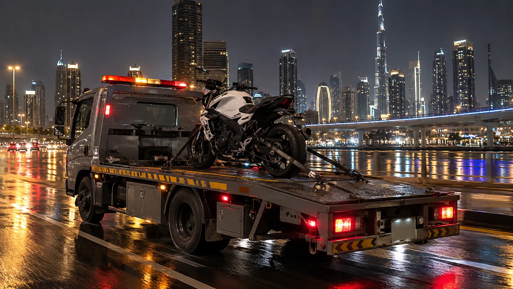 White motorcycle secured on a recovery truck in Dubai at night.